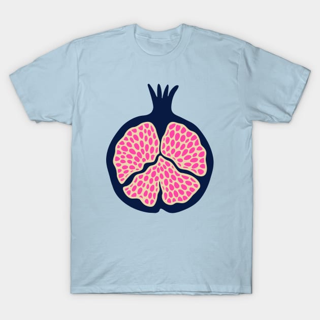 POMEGRANATE Fresh Plump Ripe Tropical Fruit in Dark Blue with Cream and Fuchsia Hot Pink Seeds - UnBlink Studio by Jackie Tahara T-Shirt by UnBlink Studio by Jackie Tahara